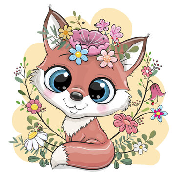 Cartoon Fox with flowers and branches