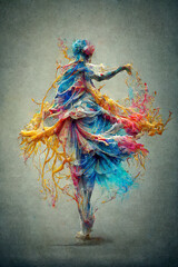 Abstract fantasy ballerina made of colorful paint splashes dancing - obrazy, fototapety, plakaty