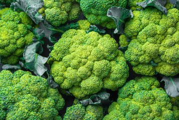 Fresh green broccoli close-up. Healthy, diet food. Top view, horizontal.