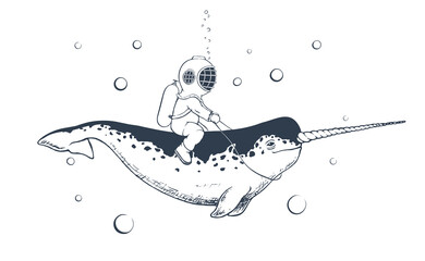 Diver and narwhal swims together - obrazy, fototapety, plakaty