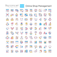 Online shop management RGB color icons set. Ecommerce. Digital marketing. Isolated vector illustrations. Simple filled line drawings collection. Editable stroke. Quicksand-Light font used