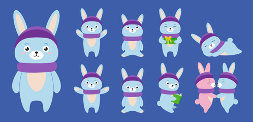 Winter set of cute flat rabbits isolated on blue background