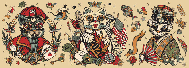 Old school tattoo collection. Cats. Unlucky lucky cat, symbol 2020 world crisis concept. Portrait of kitty geisha princess. Traditional tattooing style. Funny pets art, animals hand drawn