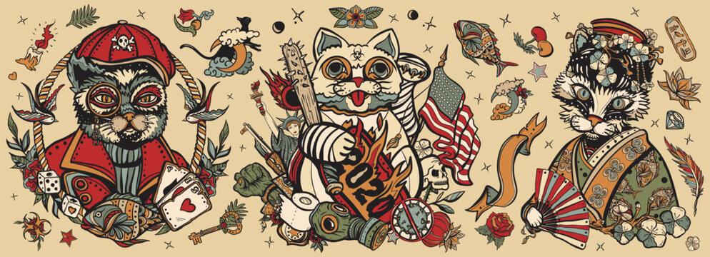 Old school tattoo collection. Cats. Unlucky lucky cat, symbol 2020 world crisis concept. Portrait of kitty geisha princess. Traditional tattooing style. Funny pets art, animals hand drawn