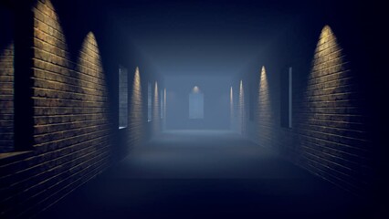 Gothic abandoned scary endless hospital lobby, 4K footage 60FPS.