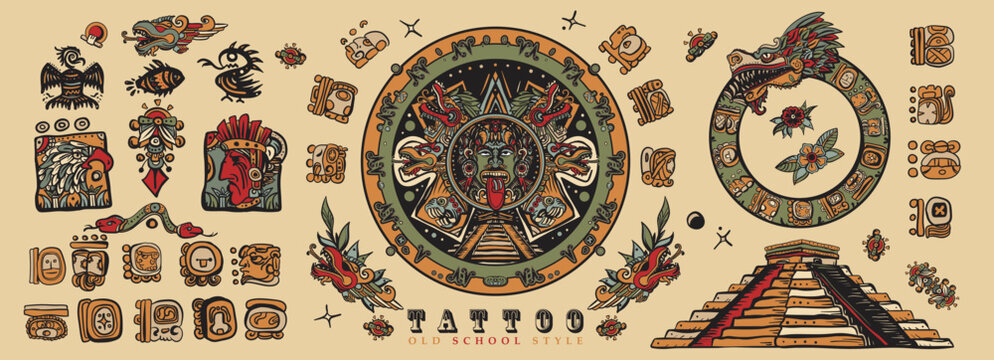 Old school tattoo collection. Ancient Maya Civilization. Mayan, Aztecs, Incas. Sun stone, pyramids, glyphs Kukulkan. Mexican mesoamerican culture. Traditional tattooing style