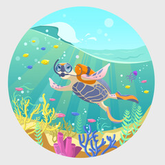 Turtle scuba diver underwater. Cartoon turtle character. Hand drawn trendy vector flat illustration. Design for banner, card, placard, brochure.