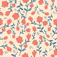 Simple vintage pattern. coral   flowers and blue leaves. light  beige   background. Fashionable print for textiles and wallpaper.