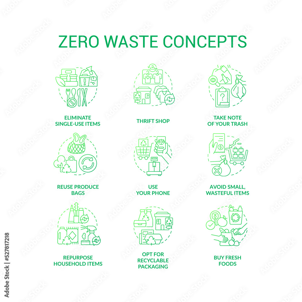 Poster zero waste green gradient concept icons set. reuse and recycle practices idea thin line color illust