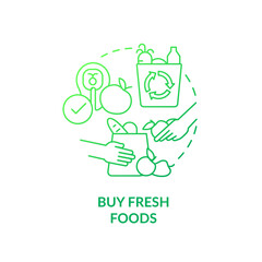 Buy fresh foods green gradient concept icon. Switching to zero-waste lifestyle abstract idea thin line illustration. Purchase groceries. Isolated outline drawing. Myriad Pro-Bold font used