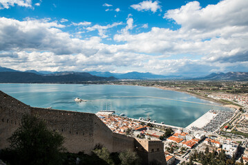 Obraz premium View from the castle of Nafplio, Palamidi on a beautiful spring day