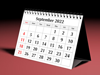 One page of the annual business desk monthly calendar. Date - month September 2022