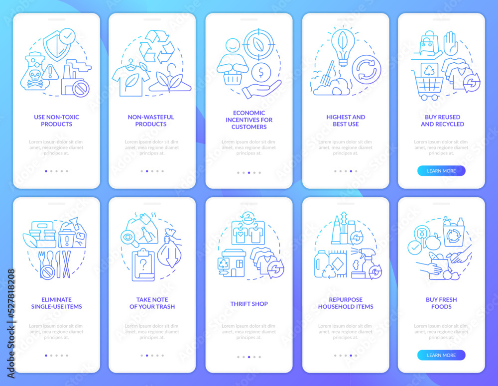 Poster build zero waste community blue gradient onboarding mobile app screen set. walkthrough 5 steps graph