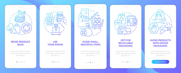 Sustainable shopping practice blue gradient onboarding mobile app screen. Walkthrough 5 steps graphic instructions with linear concepts. UI, UX, GUI template. Myriad Pro-Bold, Regular fonts used