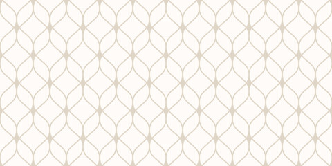 Vector seamless pattern in Arabian style. Subtle abstract graphic background with thin wavy lines, delicate lattice. White and beige texture of mesh, lace. Luxury minimal oriental ornament design