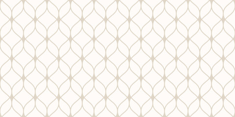 Vector seamless pattern in Arabian style. Subtle abstract graphic background with thin wavy lines, delicate lattice. White and beige texture of mesh, lace. Luxury minimal oriental ornament design