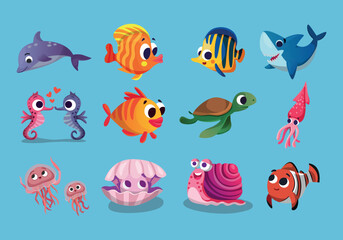 cute cartoon style sea animal illustration set