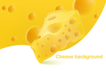 Cheese realistic composition with a piece of cheese on a background of cheese. Formulation of cheese products.
