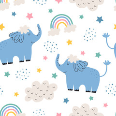 A cute baby pattern with an elephant and clouds. Pattern for children's clothing, packaging, and stationery.