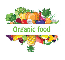 Diet and organic food template. Healthy eating vector concept with flat fruits, vegetables and copyspace. Great for healthy magazines, cooking web sites and restaurant