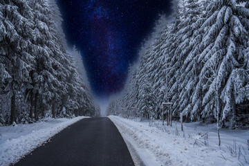 Winterlandschaft mit Milchstraße und Nadelbäumen