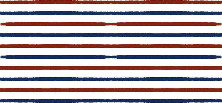 Stripes pattern, red and blue striped seamless vector background, patriotic american watercolor brush strokes. USA colors grunge stripes