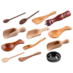 Isolated set of wooden cookware tools collage