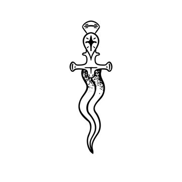 Occult knife. Ritual dagger vector icon. Shining occult knife with a sharp blade, black handle. Vintage stiletto, magical witch sword. Outline isolated on white. 