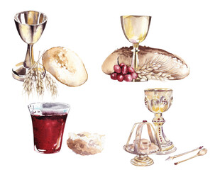 Watercolor illustration. Set of Holy Communion, Last Supper. A bowl of wine, bread, grapes and ears of wheat. Easter service, Catholicism, Protestantism