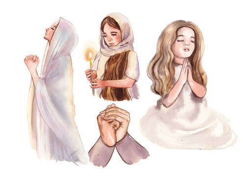 Watercolor illustration. Set of praying girls and women