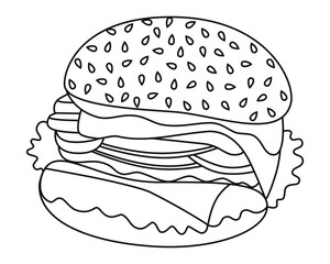 Hamburger. Bun, patty, tomato, cheese, salad greens, onions, sauce. Fast Food. Graphics. Cartoon. Vector. Close-up