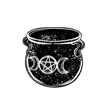 recommend clip art: Witches cauldron. Vector isolated illustration in Victorian style. Mediumship divination equipment. flash tattoo drawing. Alchemy, religion, spirituality, occultism.