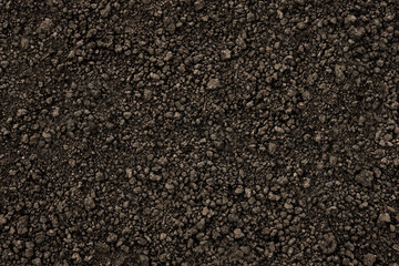 Organic farm soil background top view from above. Background black soil texture ground close up....