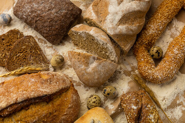 Background assortment of bakery products, gluten free, rye