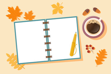 Autumn background with open empty pages of notebook, coffee, leaves and pen