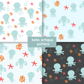 Seamless children's sea octopus pattern. Vector illustration