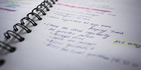 Homework exercise is written on page of paper notebook of pupil. Education and learning concept.