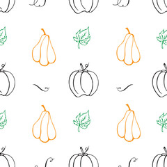 Seamless vector background ​for Thanksgiving or Halloween day. Stylized pumpkins in various sizes and colors.