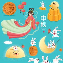 Vintage Mid Autumn Festival poster design with the Chinese Goddess of Moon, rabbit character. Chinese translate Mid Autumn Festival, Happy Mid Autumn Festival, Fifteen of August.