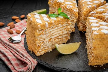 Delicious homemade honey cake on the table.