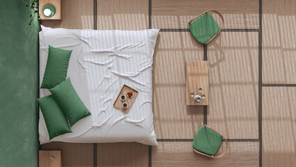 Japandi bedroom in white and green ones, japanese style. Double bed, tatami mats, armchairs, meditation zen space. Minimalist interior design, top view, plan, above