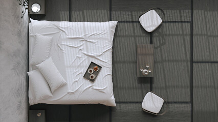 Japandi bedroom in white and dark tones, japanese style. Double bed, tatami mats, armchairs, meditation zen space. Minimalist interior design, top view, plan, above