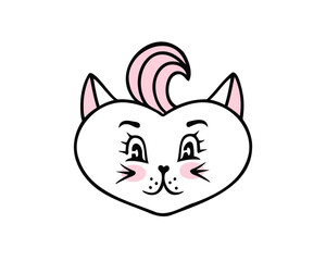 Cat with a forelock, bangs, funny cat face, girl. Vector Illustration for backgrounds, covers and packaging. Image can be used for greeting cards, posters and textile. Isolated on white background.