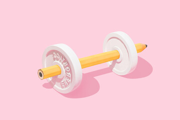 Yellow graphite pencil and dumbbells on isolated pastel pink background. Minimal abstract aesthetic...