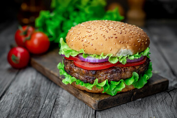 Fresh tasty burger on wood table