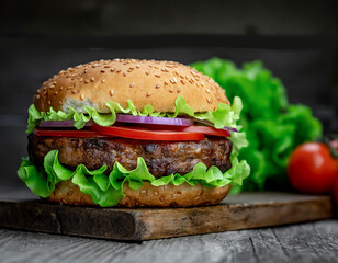 Fresh tasty burger on wood table