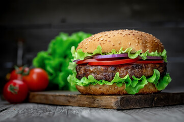 Fresh tasty burger on wood table