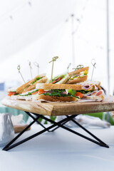 Triangular shaped sandwich with ham, vegetables and mayonnaise on a wooden platter. Summer outdoor event menu