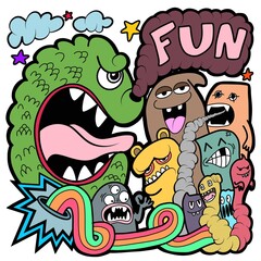 Hand-drawn illustrations, monsters doodle, Hand Drawn cartoon monster illustration,Cartoon crowd doodle hand-drawn Doodle style.