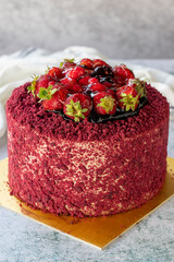 Fruit celebration cake. Birthday cake on gray background. close up